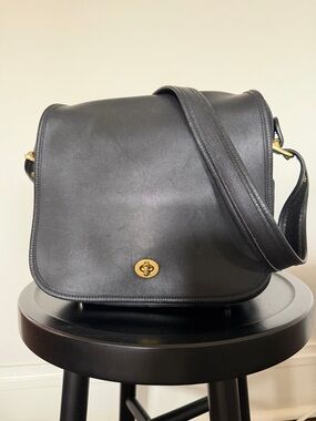 Coach Classic Black Leather Saddle Crossbody with Turn-Lock Hardware